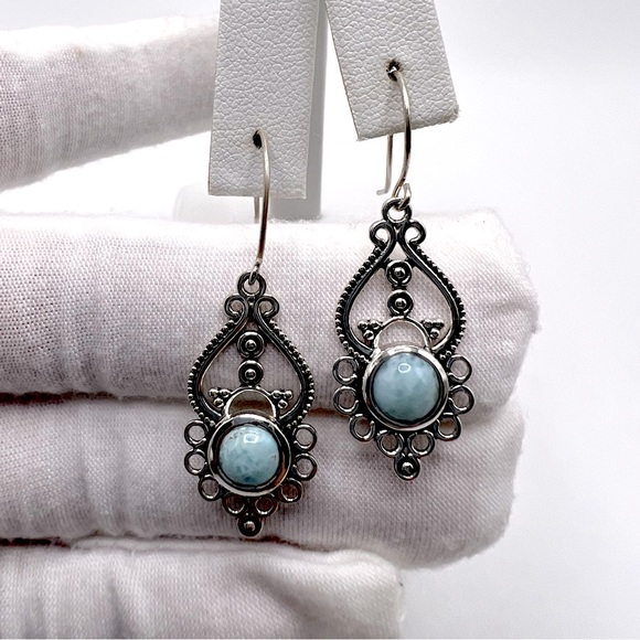 Natural Larimar .925 Sterling Silver Dangle Earrings - Picture 3 of 17